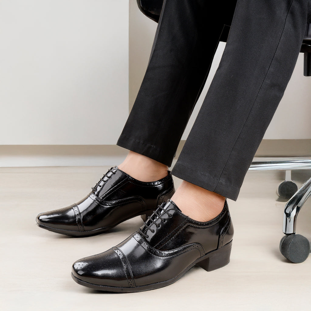 BAXXICO Mens Height Increasing Faux Vegan Leather Oxford Semi Brogue Formal Lace Up Shoes