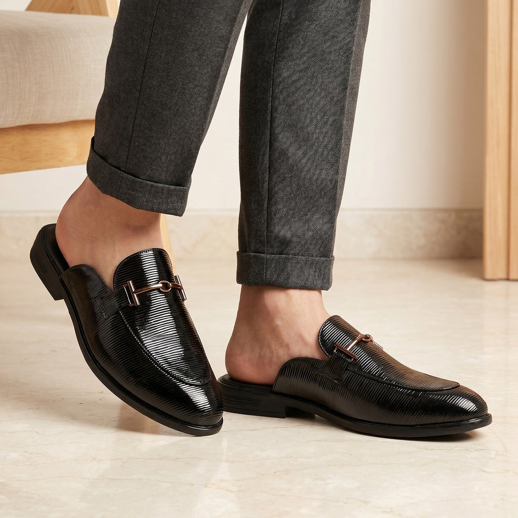 BAXXICO Mens Premium Textured Back Open Mule Loafers