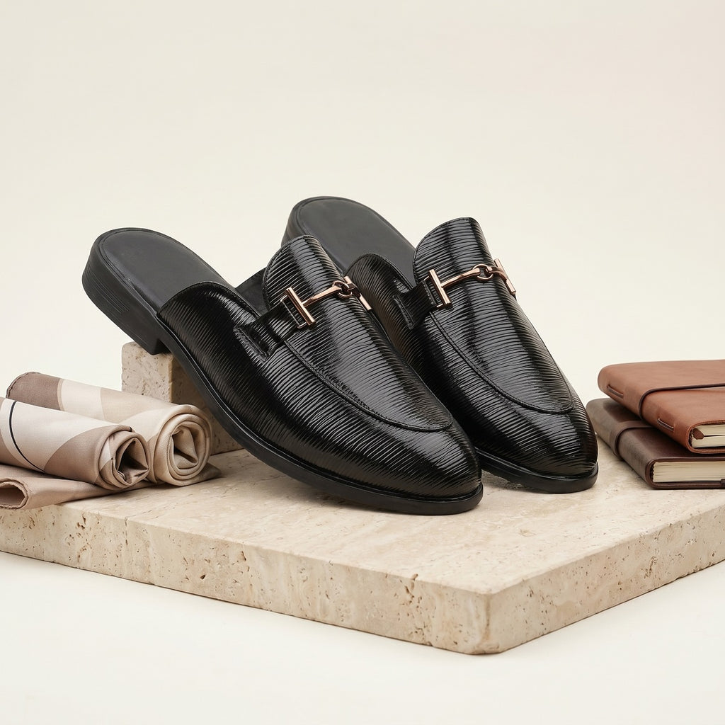 BAXXICO Mens Premium Textured Back Open Mule Loafers
