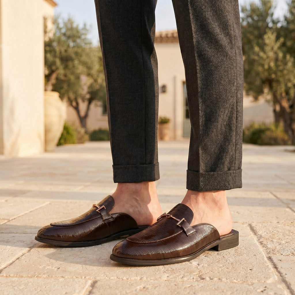 BAXXICO Mens Premium Textured Back Open Mule Loafers