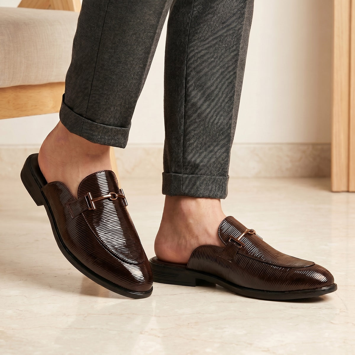 BAXXICO Mens Premium Textured Back Open Mule Loafers