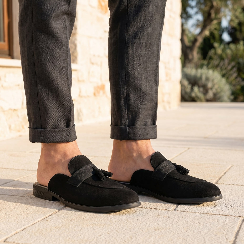 BAXXICO Mens Designer Suede Tassel Mule Loafers Classic Elegance