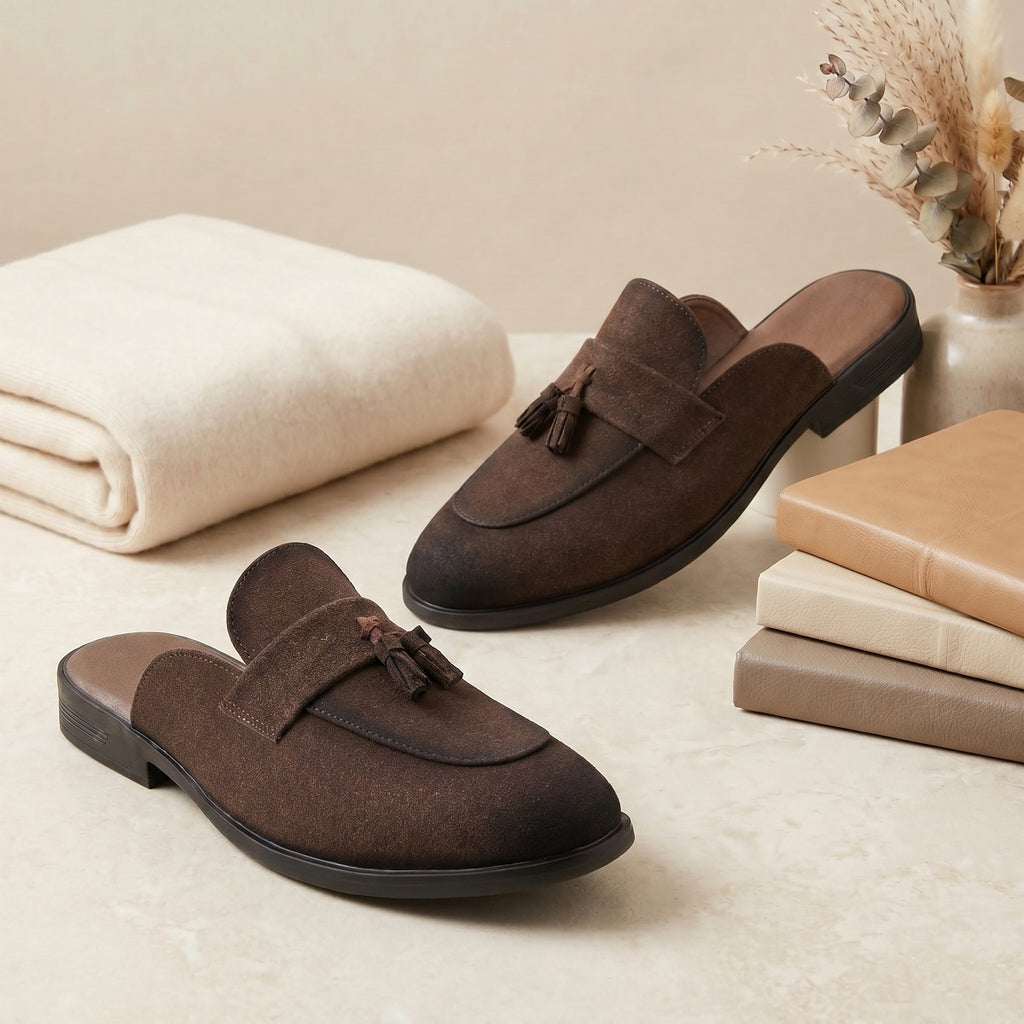 BAXXICO Mens Designer Suede Tassel Mule Loafers Classic Elegance