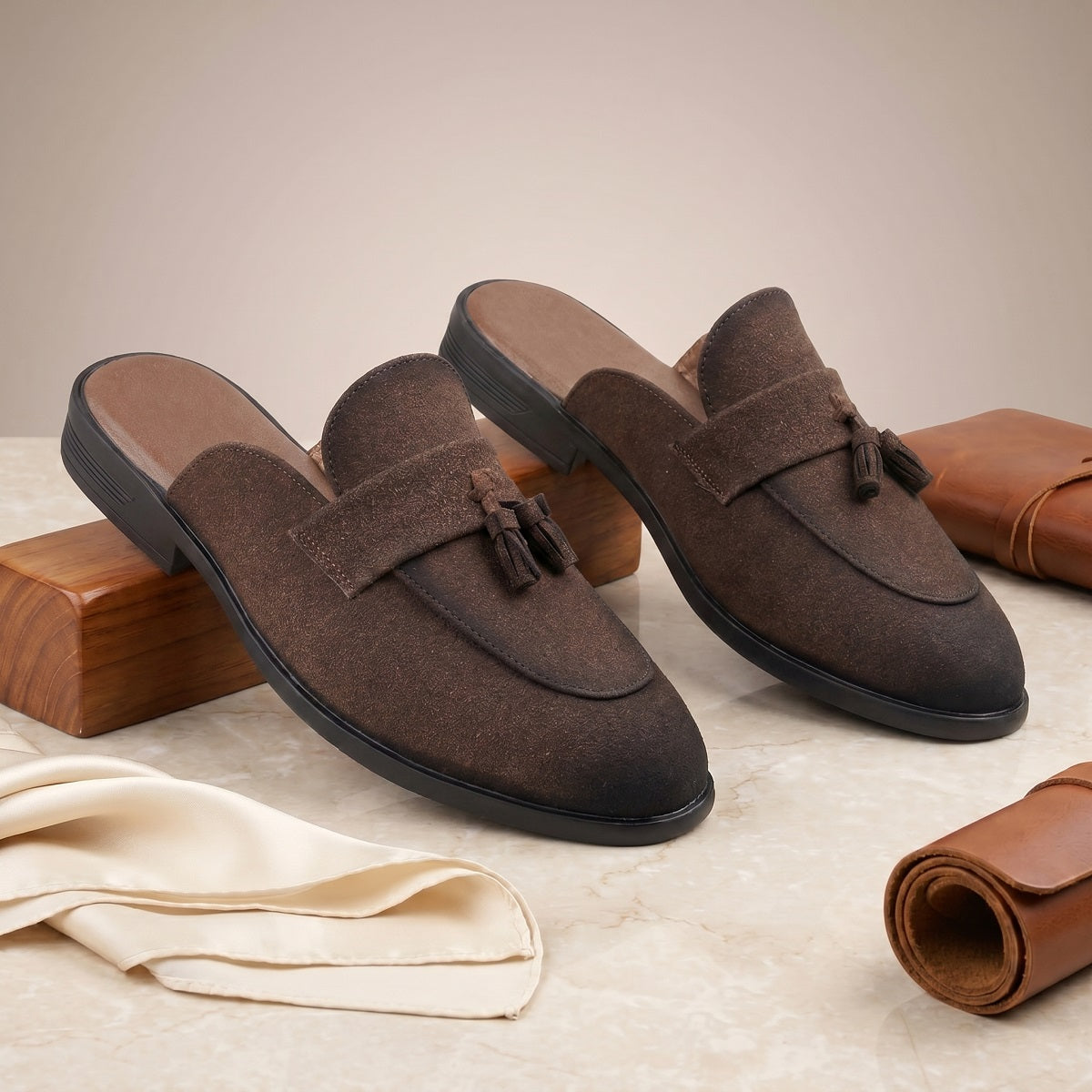 BAXXICO Mens Designer Suede Tassel Mule Loafers Classic Elegance