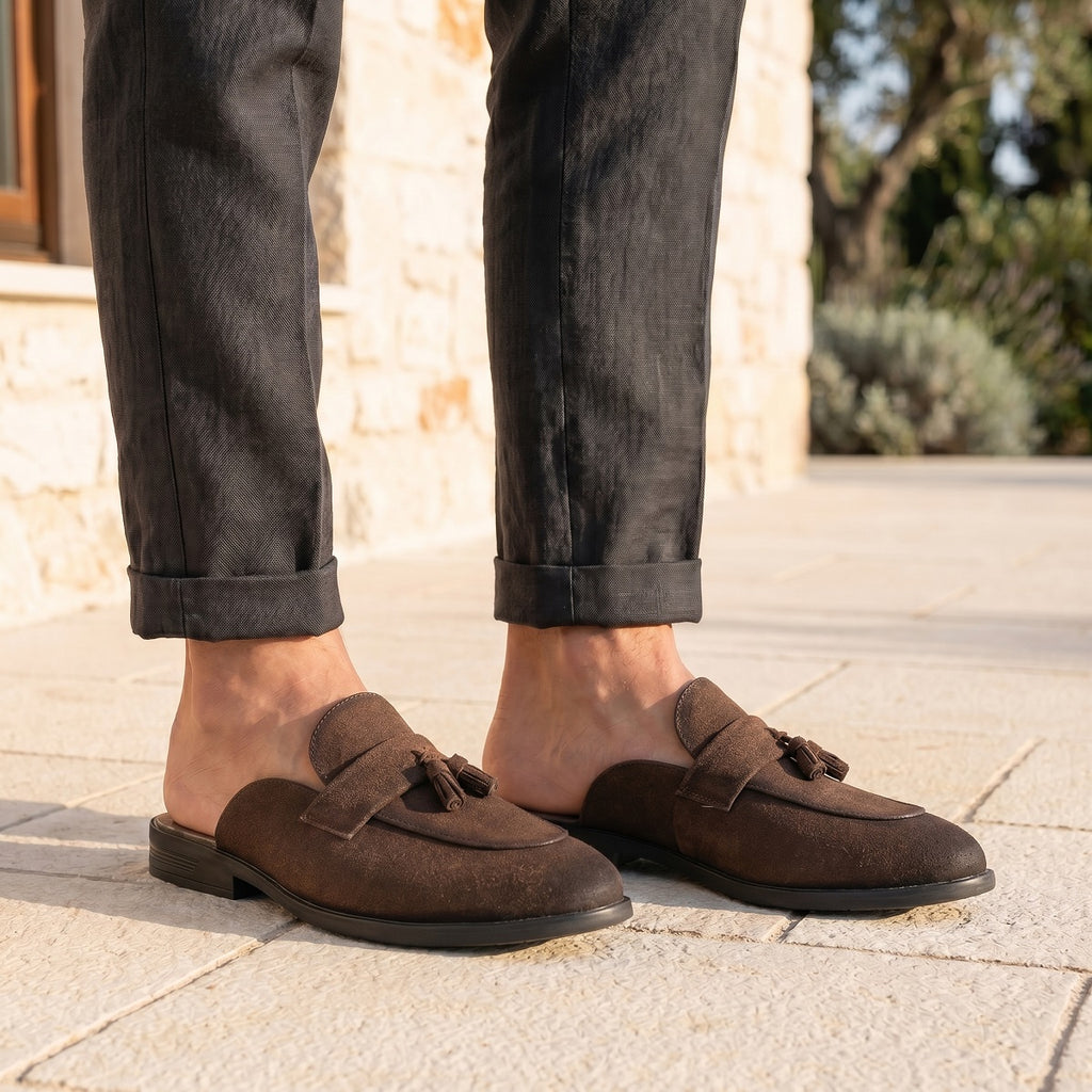 BAXXICO Mens Designer Suede Tassel Mule Loafers Classic Elegance