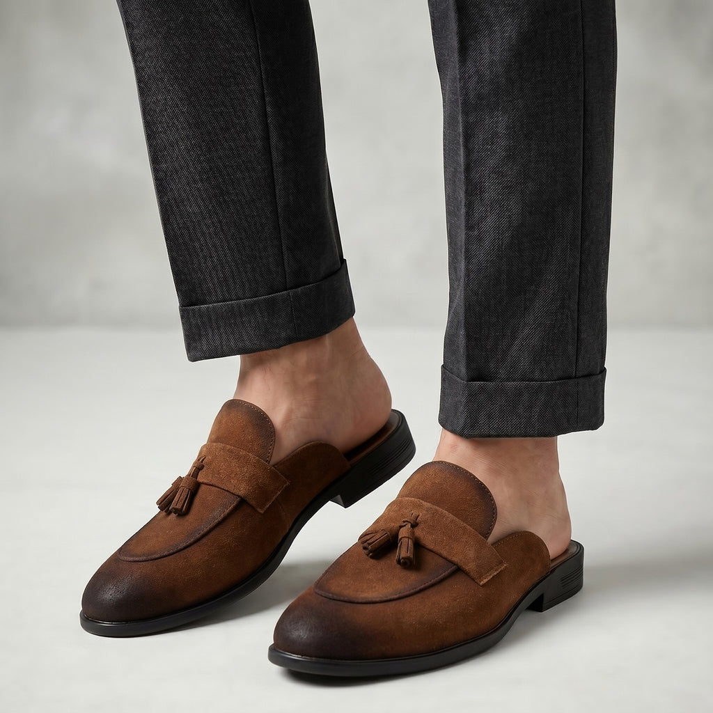 BAXXICO Mens Designer Suede Tassel Mule Loafers Classic Elegance