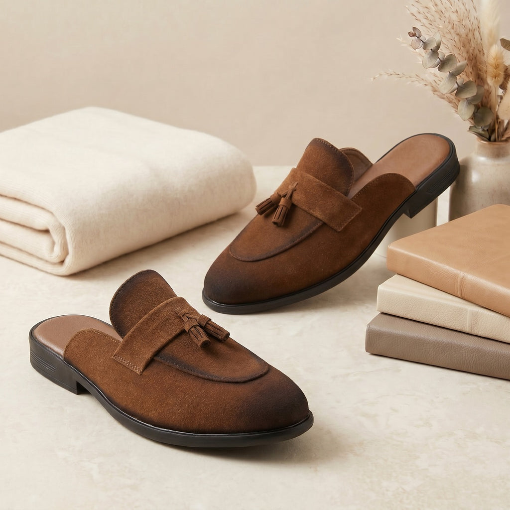 BAXXICO Mens Designer Suede Tassel Mule Loafers Classic Elegance