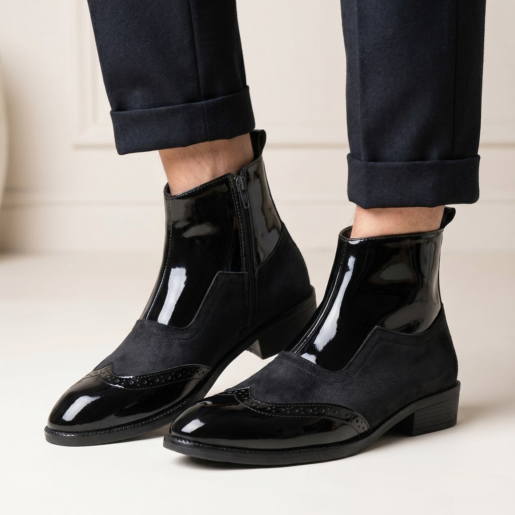 BAXXICO Mens Premium Suede and Patent Chelsea Boots