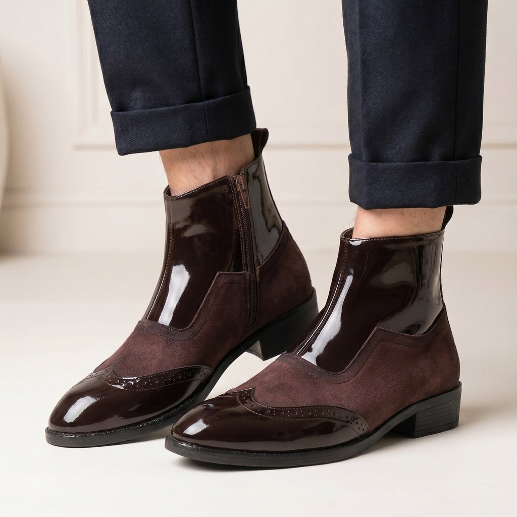 BAXXICO Mens Premium Suede and Patent Chelsea Boots