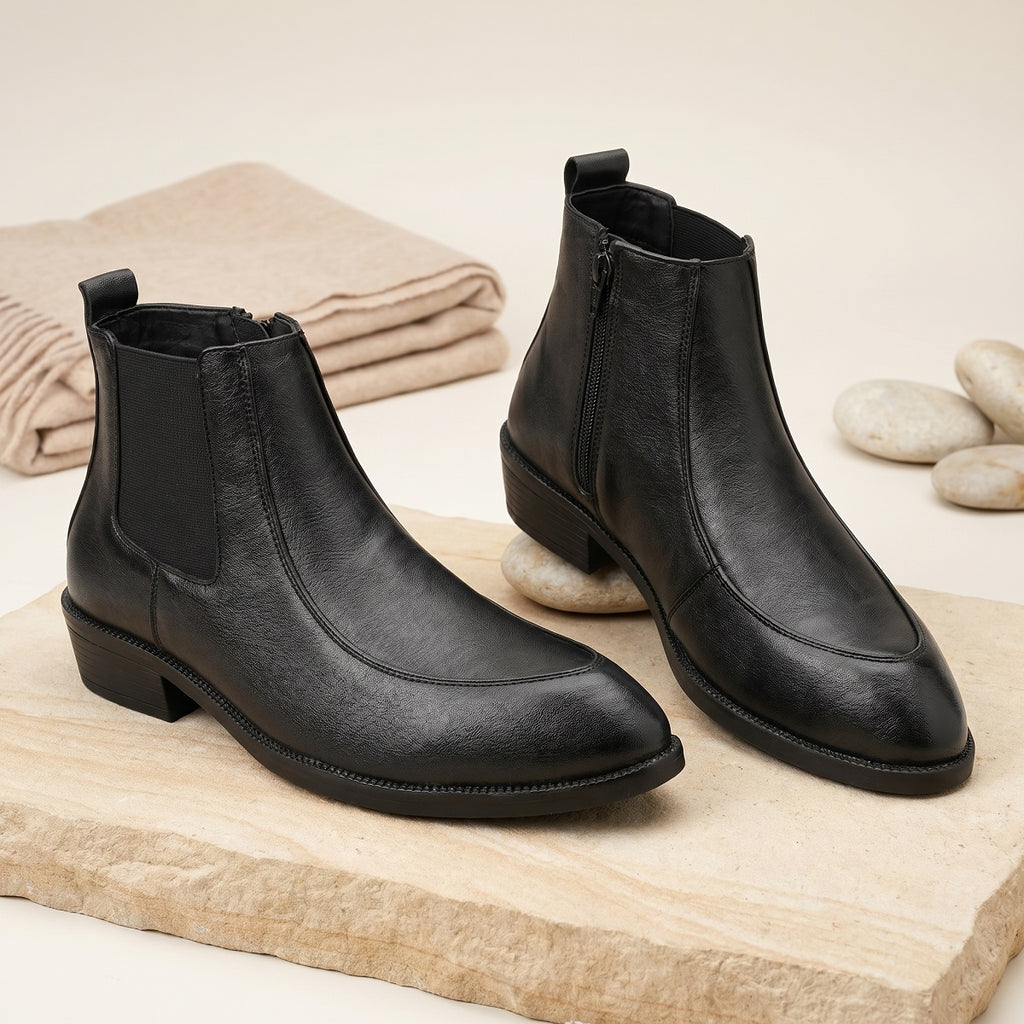 BAXXICO Men Faux Leather Chelsea Boots with Side Zipper and TPR Sole