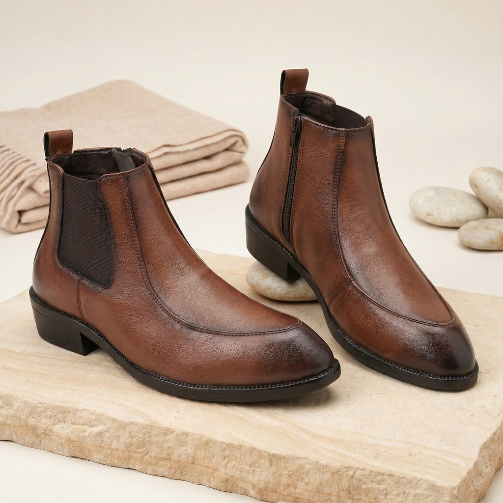 BAXXICO Men Faux Leather Chelsea Boots with Side Zipper and TPR Sole
