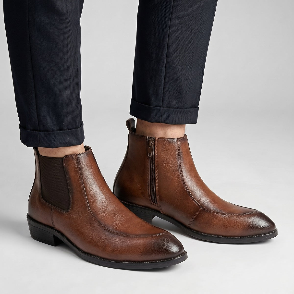BAXXICO Men Faux Leather Chelsea Boots with Side Zipper and TPR Sole