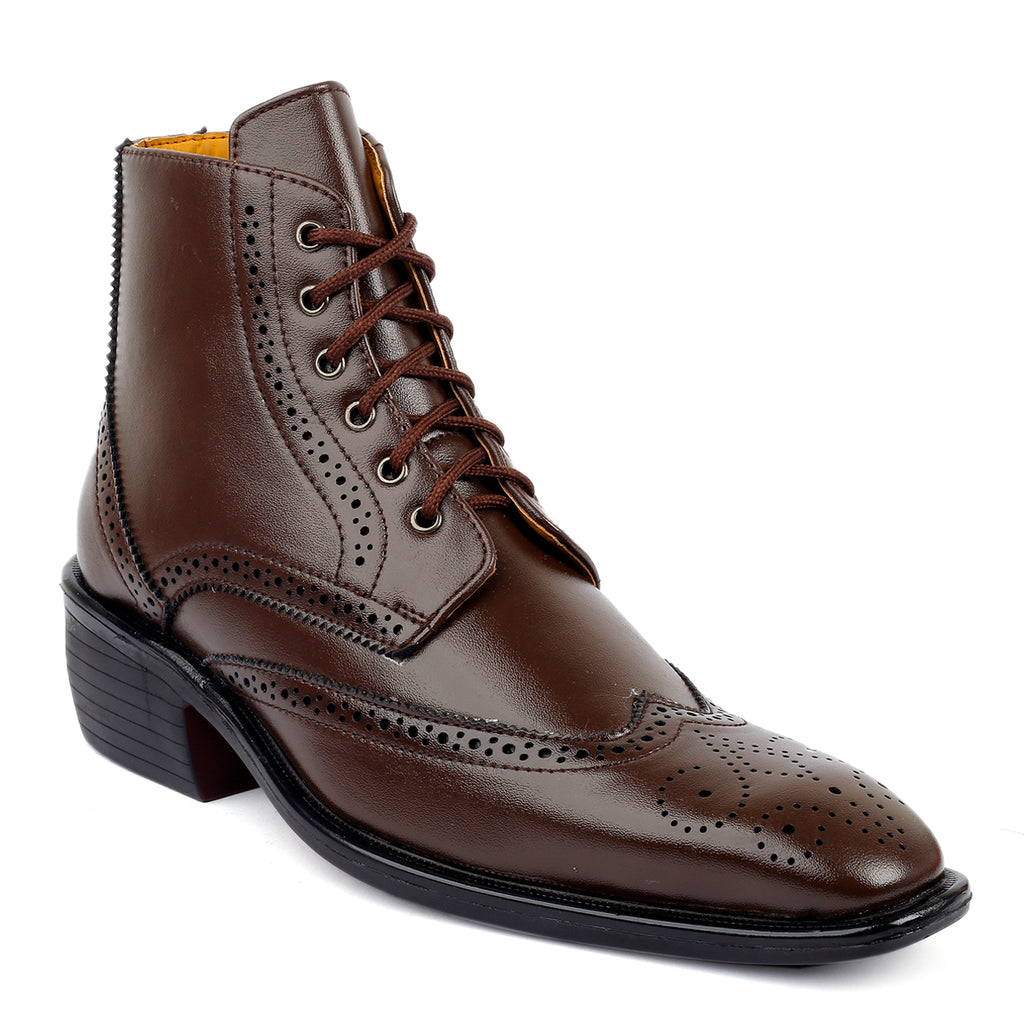 Baxxico Mens Height Increasing Semi-Formal Cow Boy Ankle Zipper Lace Up Brogue Boots