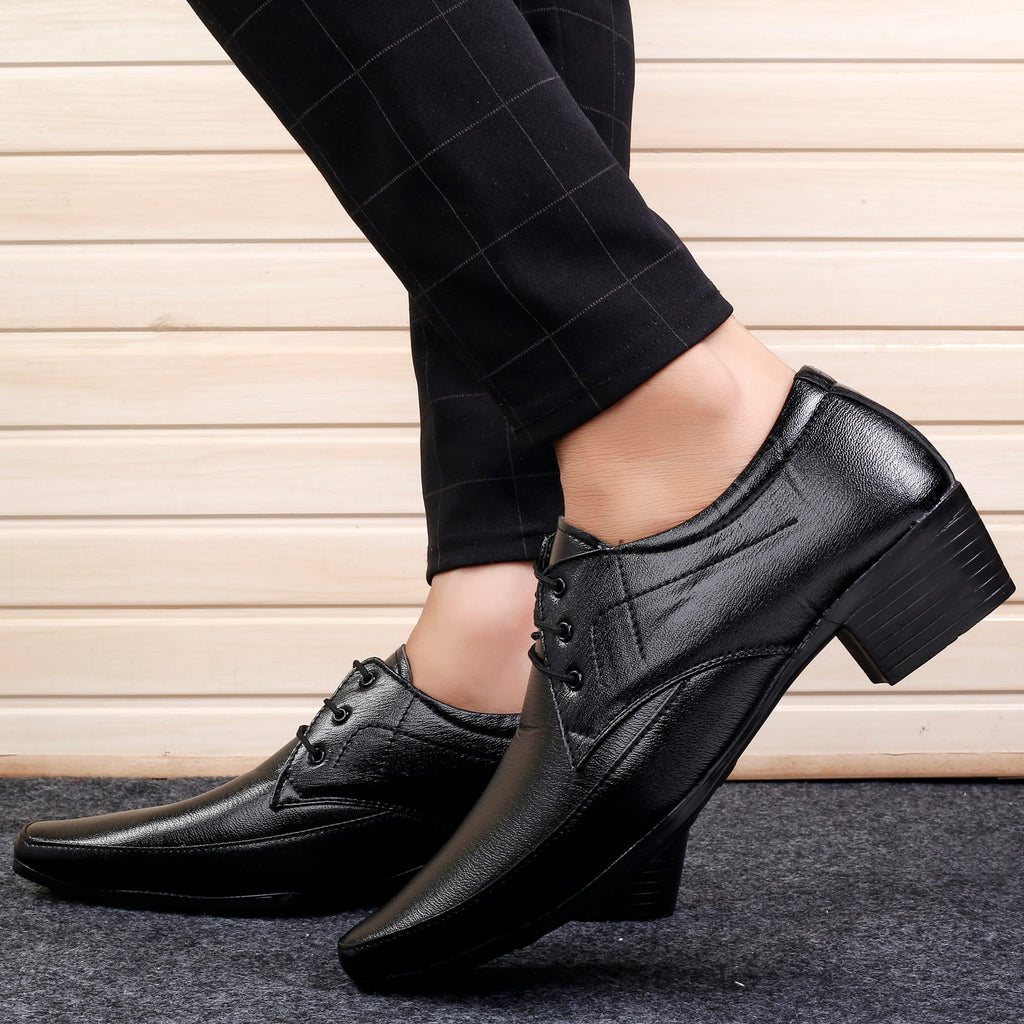 Mens Height Increasing Faux Upper Formal Derby Black Lace Up Shoes