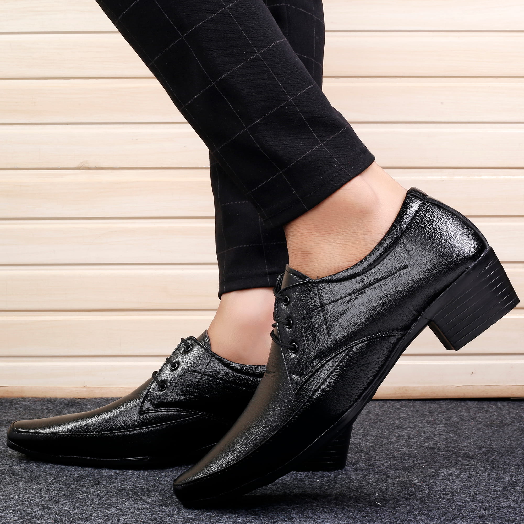 Mens Height Increasing Faux Upper Formal Derby Black Lace Up Shoes