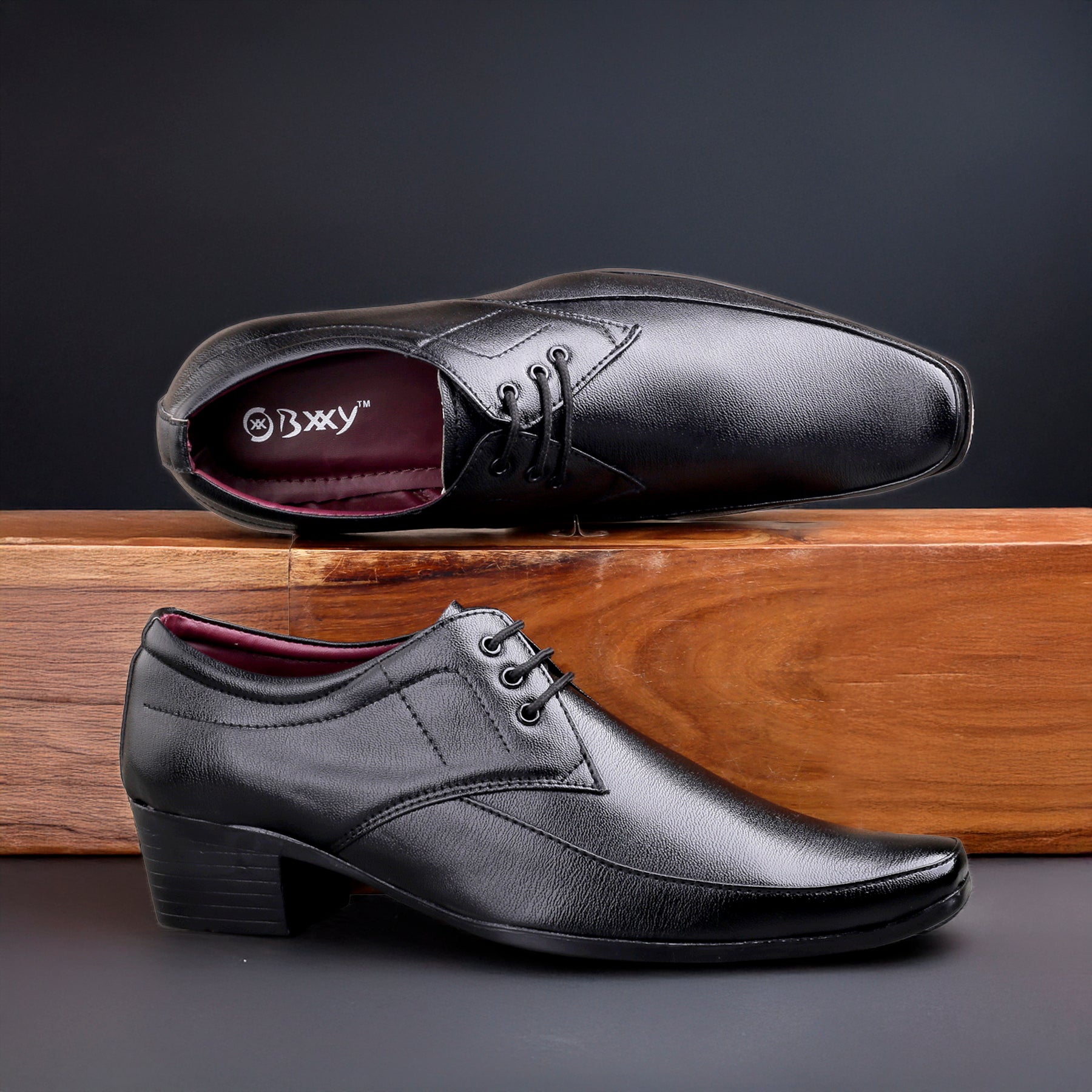 Mens Height Increasing Faux Upper Formal Derby Black Lace Up Shoes