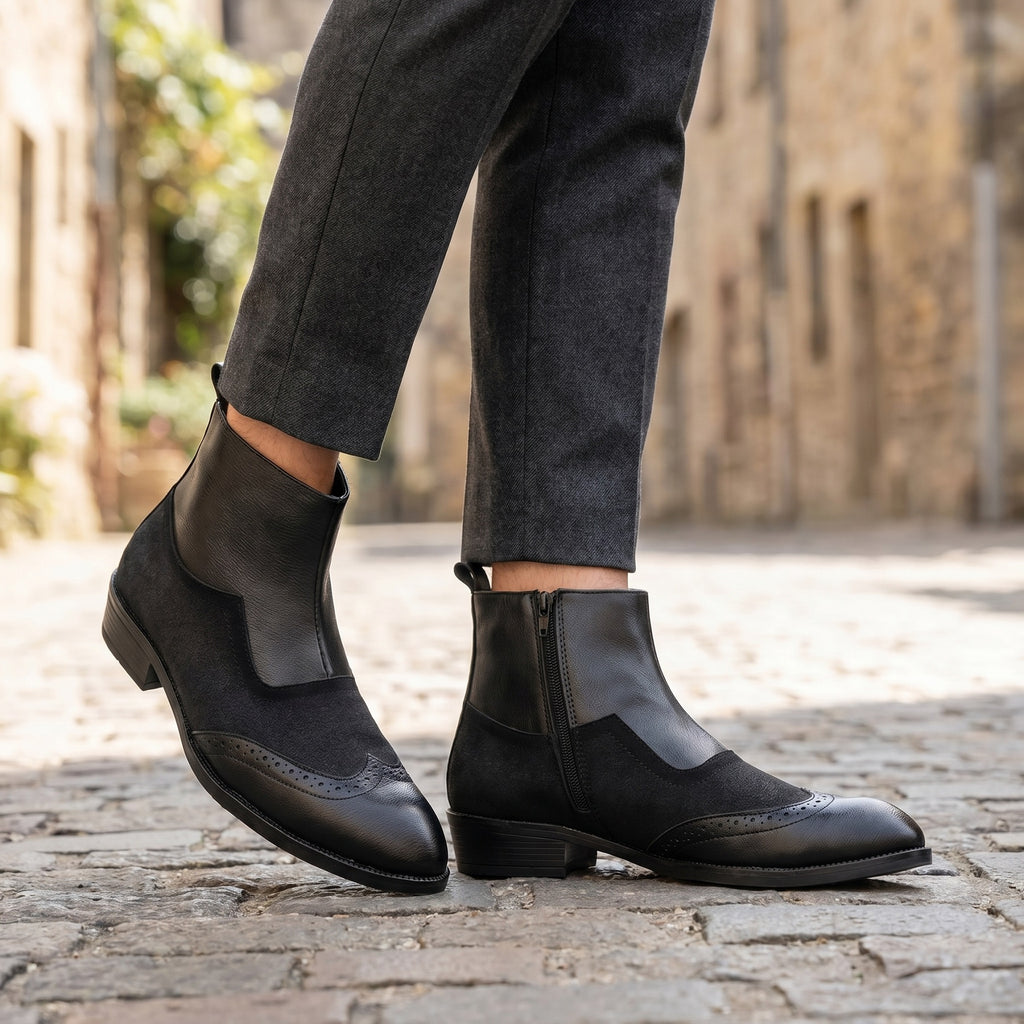 BAXXICO Luxury Elevated Heel Boots with Classic Brogue Texture Finish