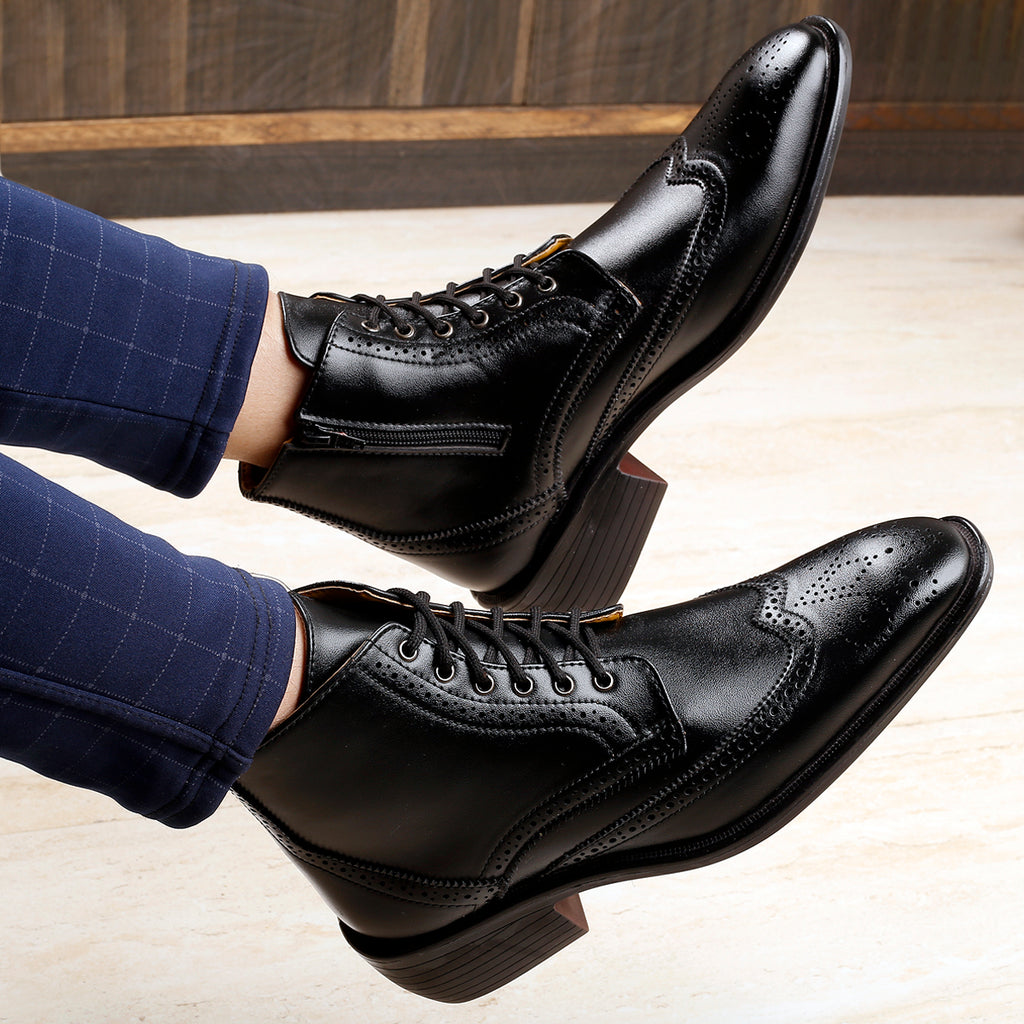 Baxxico Mens Height Increasing Semi-Formal Cow Boy Ankle Zipper Lace Up Brogue Boots