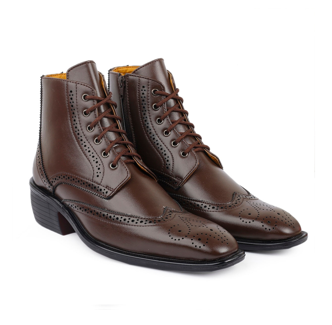 Baxxico Mens Height Increasing Semi-Formal Cow Boy Ankle Zipper Lace Up Brogue Boots