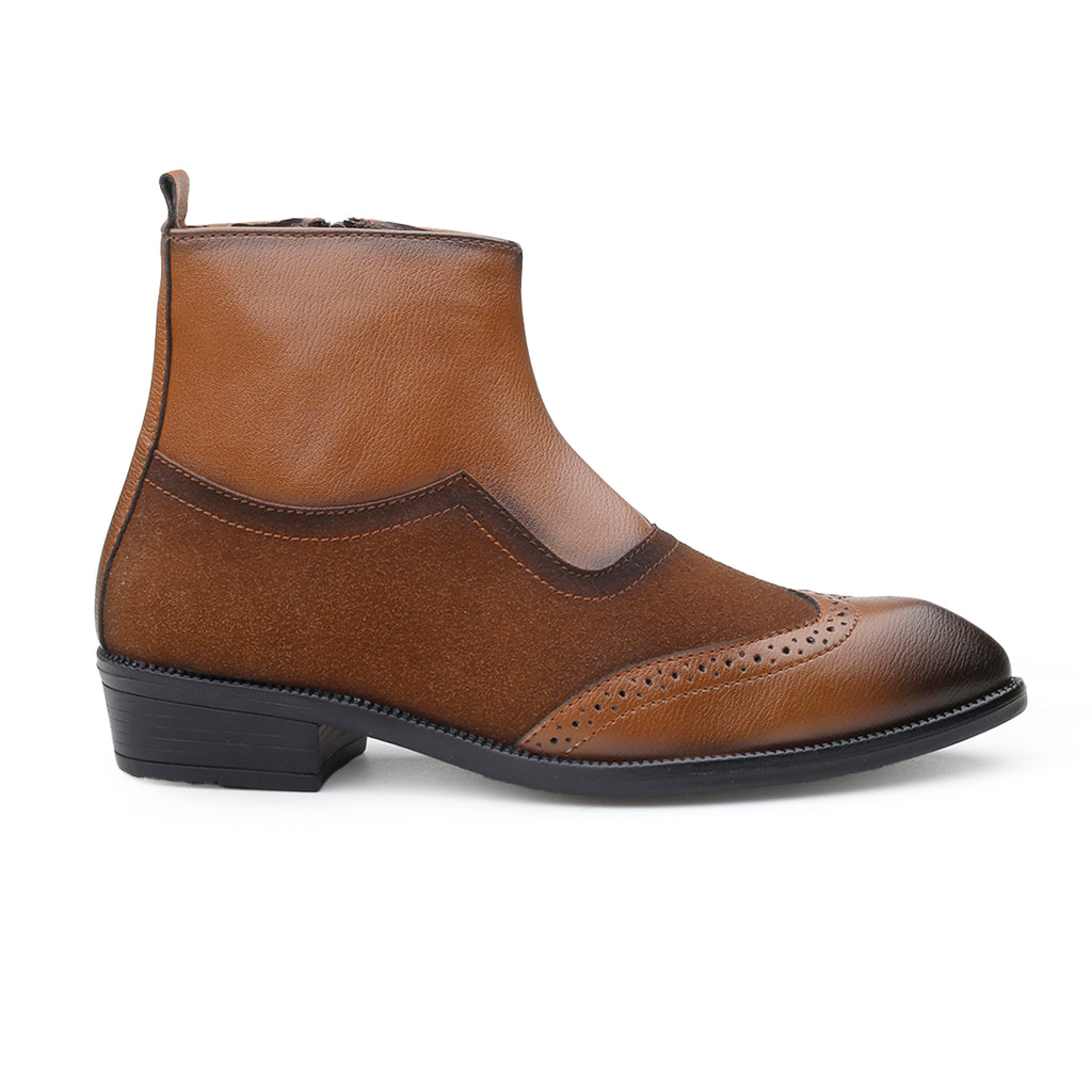 BAXXICO Luxury Elevated Heel Boots with Classic Brogue Texture Finish