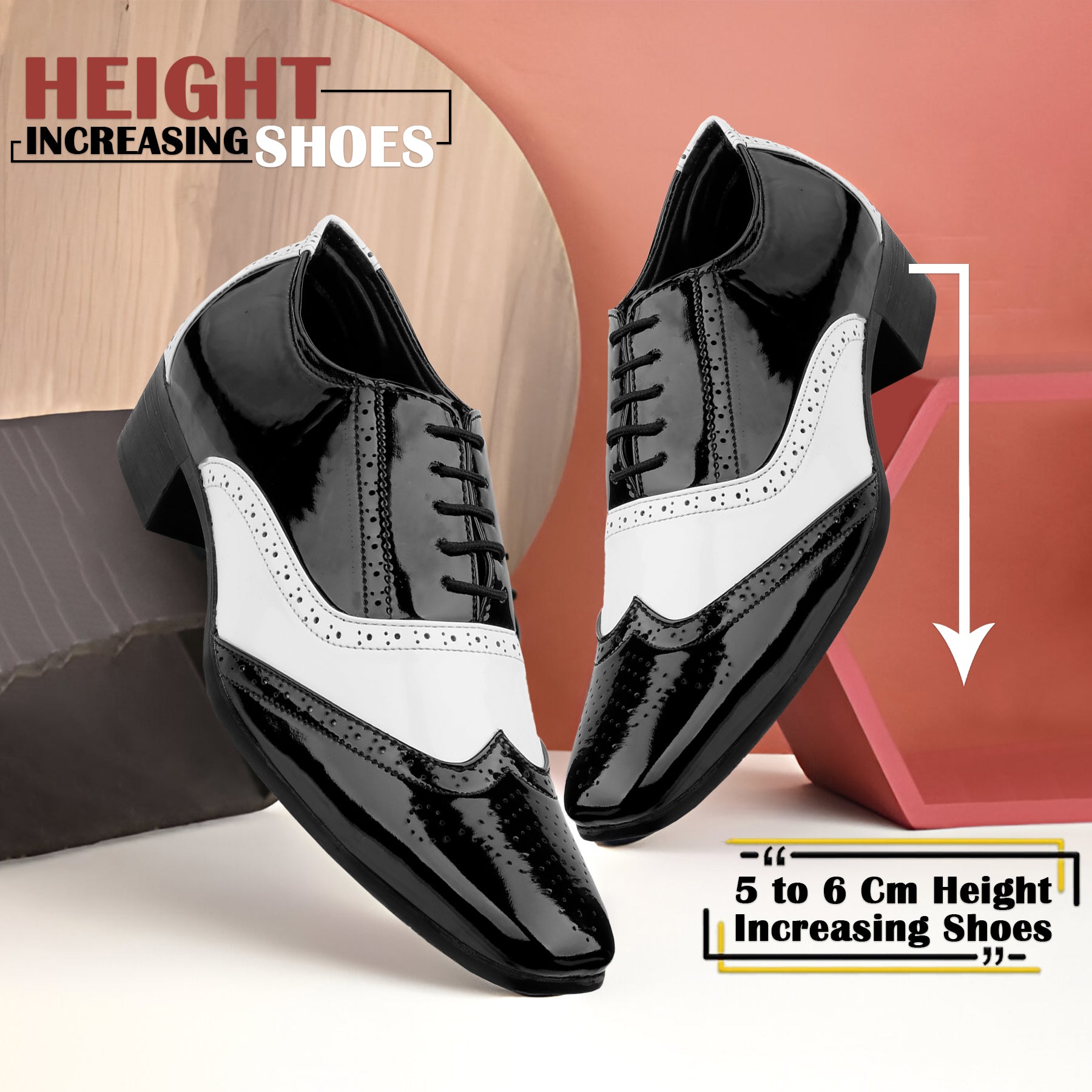 Mens Height Increasing Black and White Faux Vegan Leather Mafia Oxford Brogue Lace Up Shoes