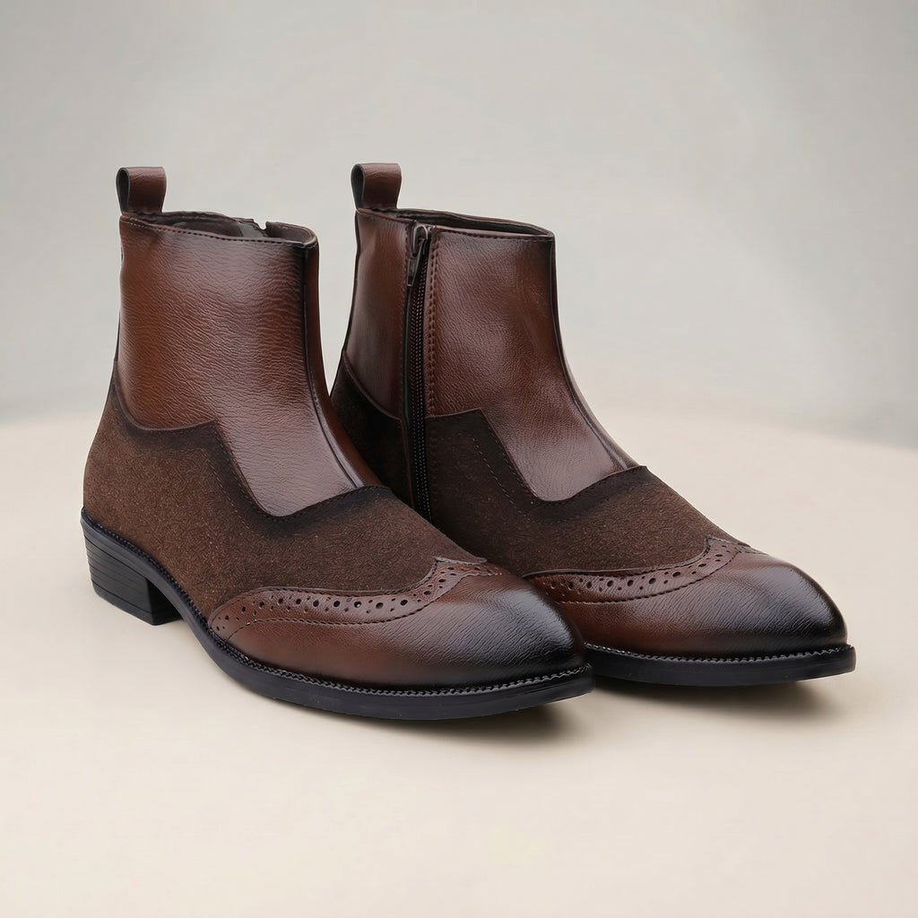 BAXXICO Luxury Elevated Heel Boots with Classic Brogue Texture Finish