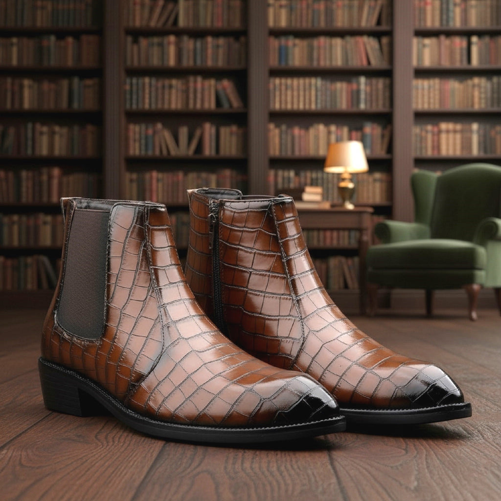 BAXXICO Mens Designer Croc Pattern Chelsea Boots Premium Vegan Leather and Classic Style