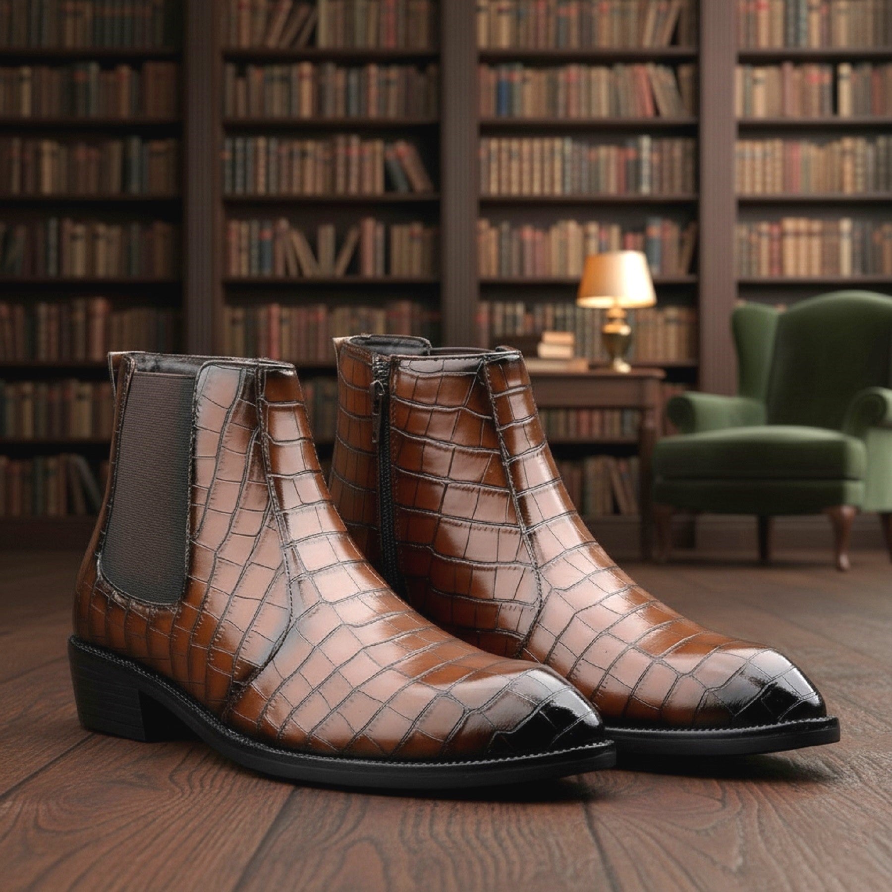 BAXXICO Mens Designer Croc Pattern Chelsea Boots Premium Vegan Leather & Classic Style