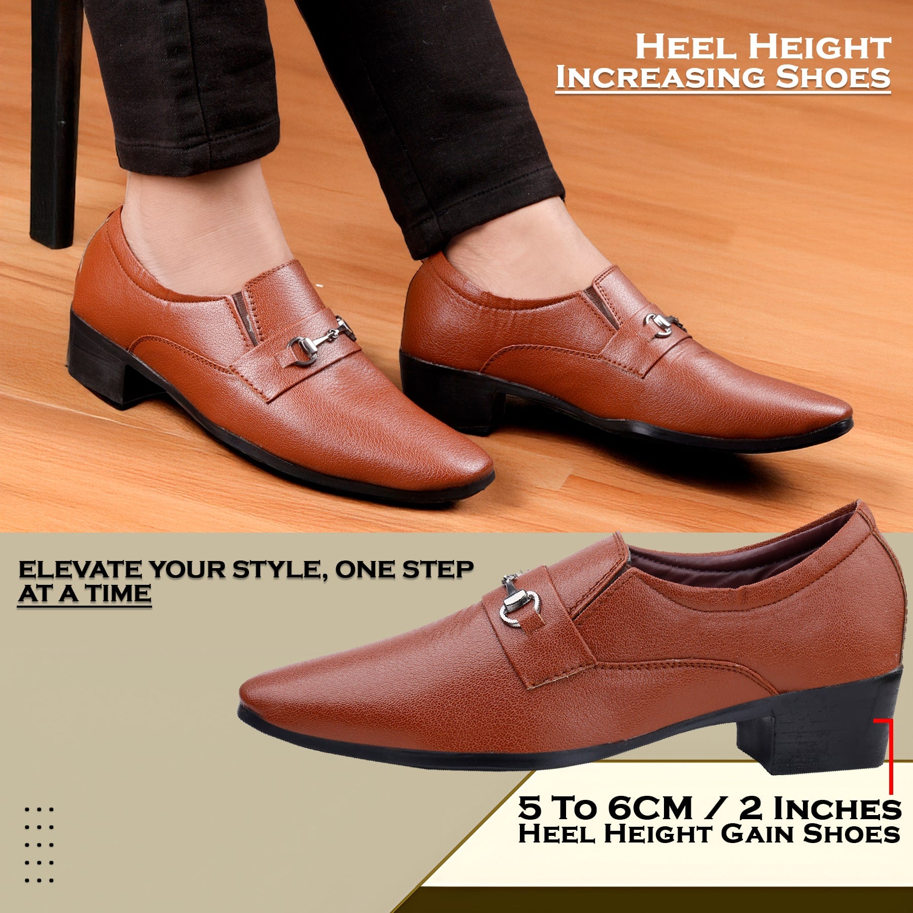 BAXXICO Mens Formal Height Increasing Slip On Buckle Shoes