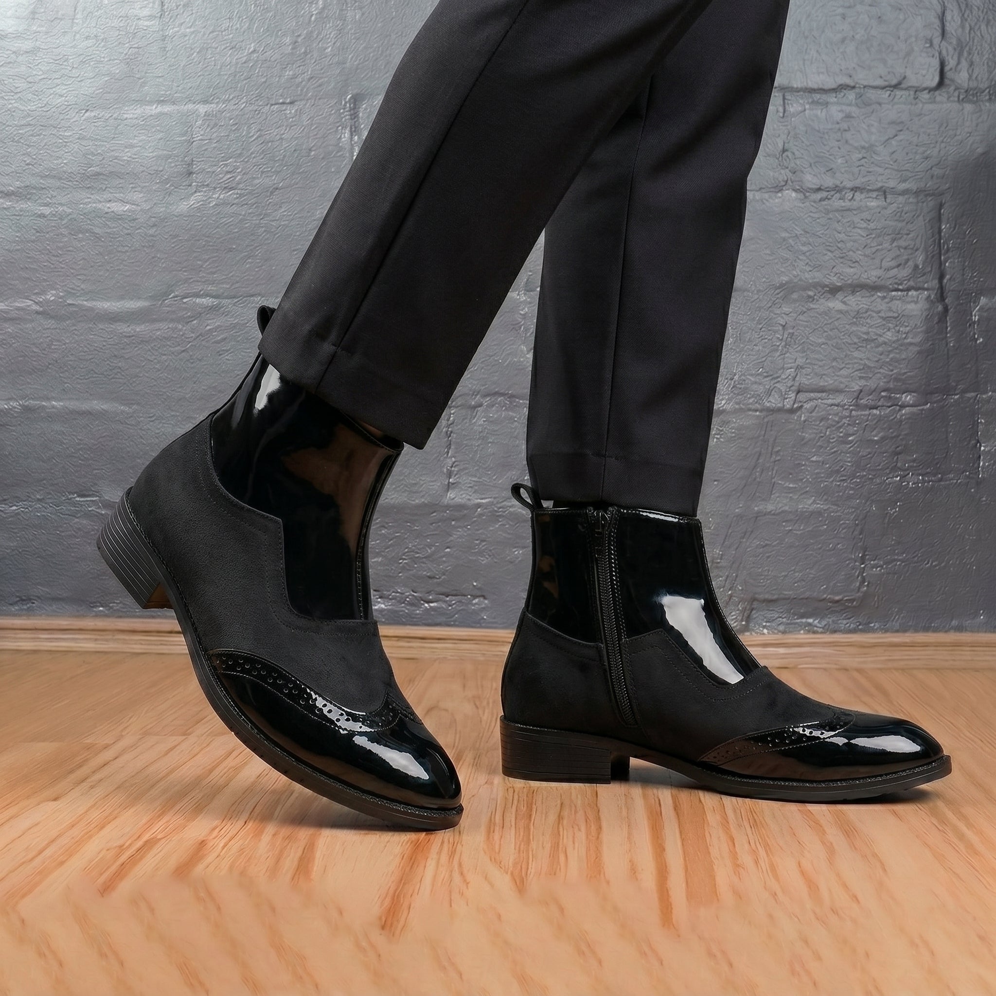 BAXXICO Mens Premium Suede and Patent Chelsea Boots