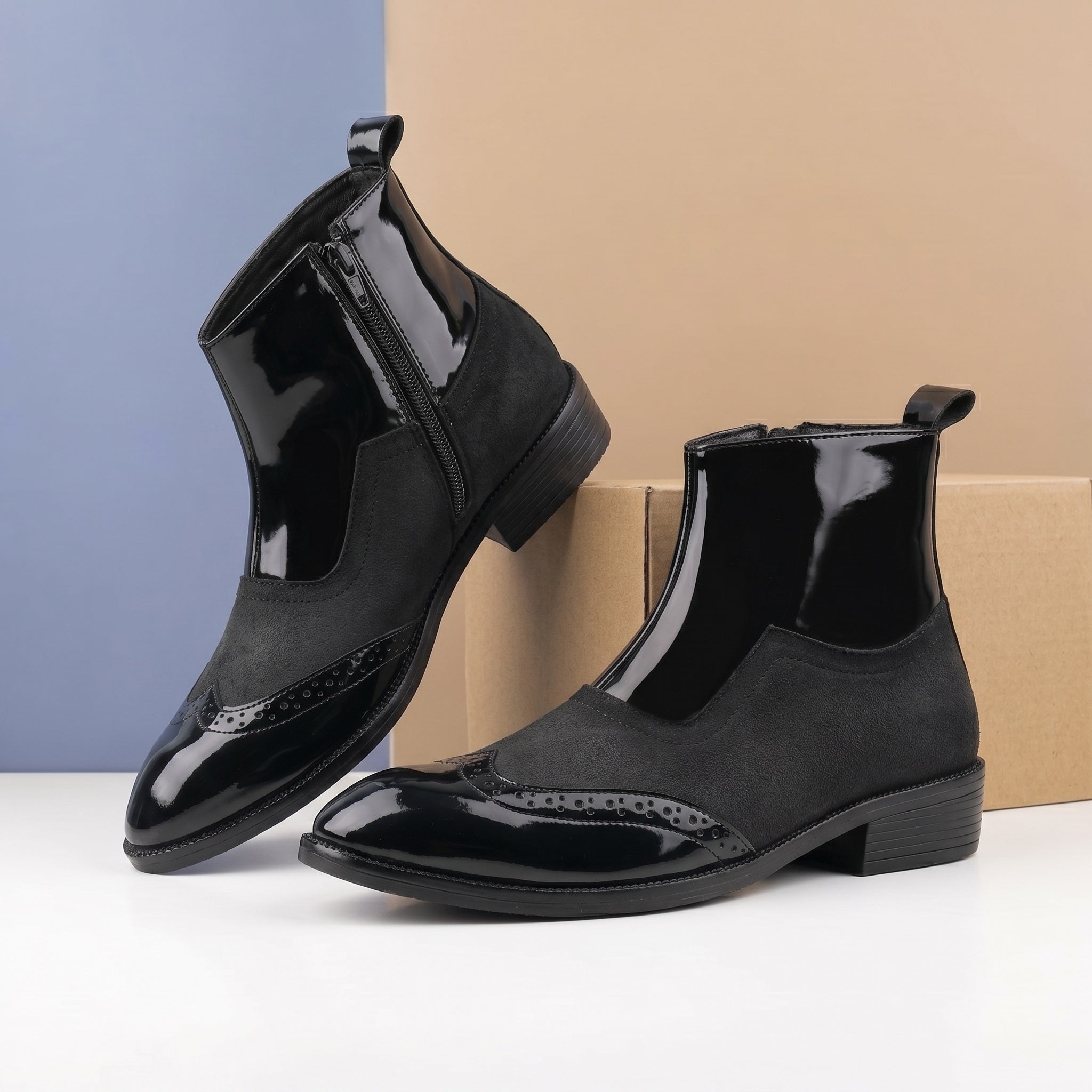BAXXICO Mens Premium Suede and Patent Chelsea Boots