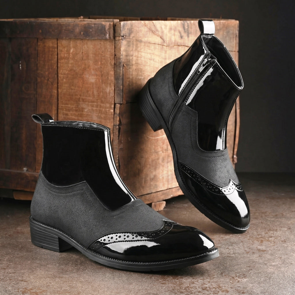 BAXXICO Mens Premium Suede and Patent Chelsea Boots