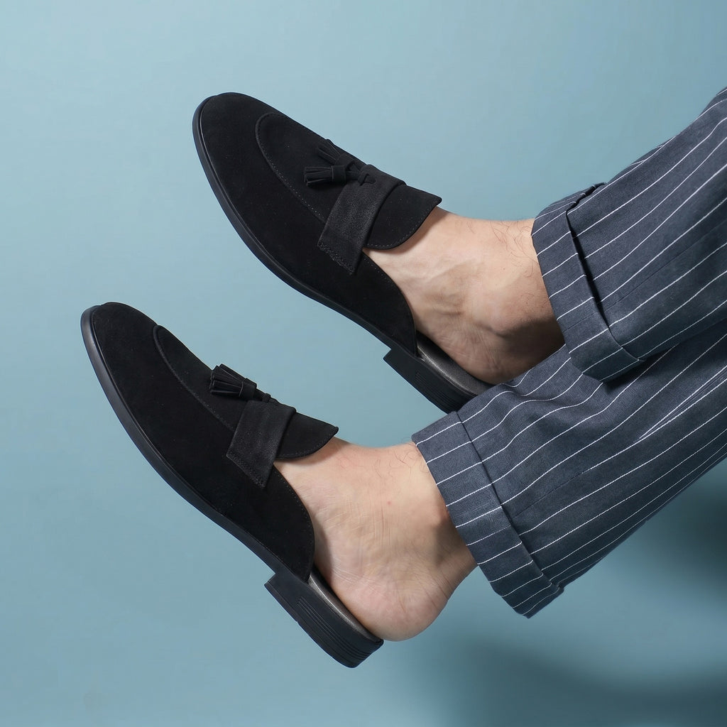 BAXXICO Mens Designer Suede Tassel Mule Loafers Classic Elegance