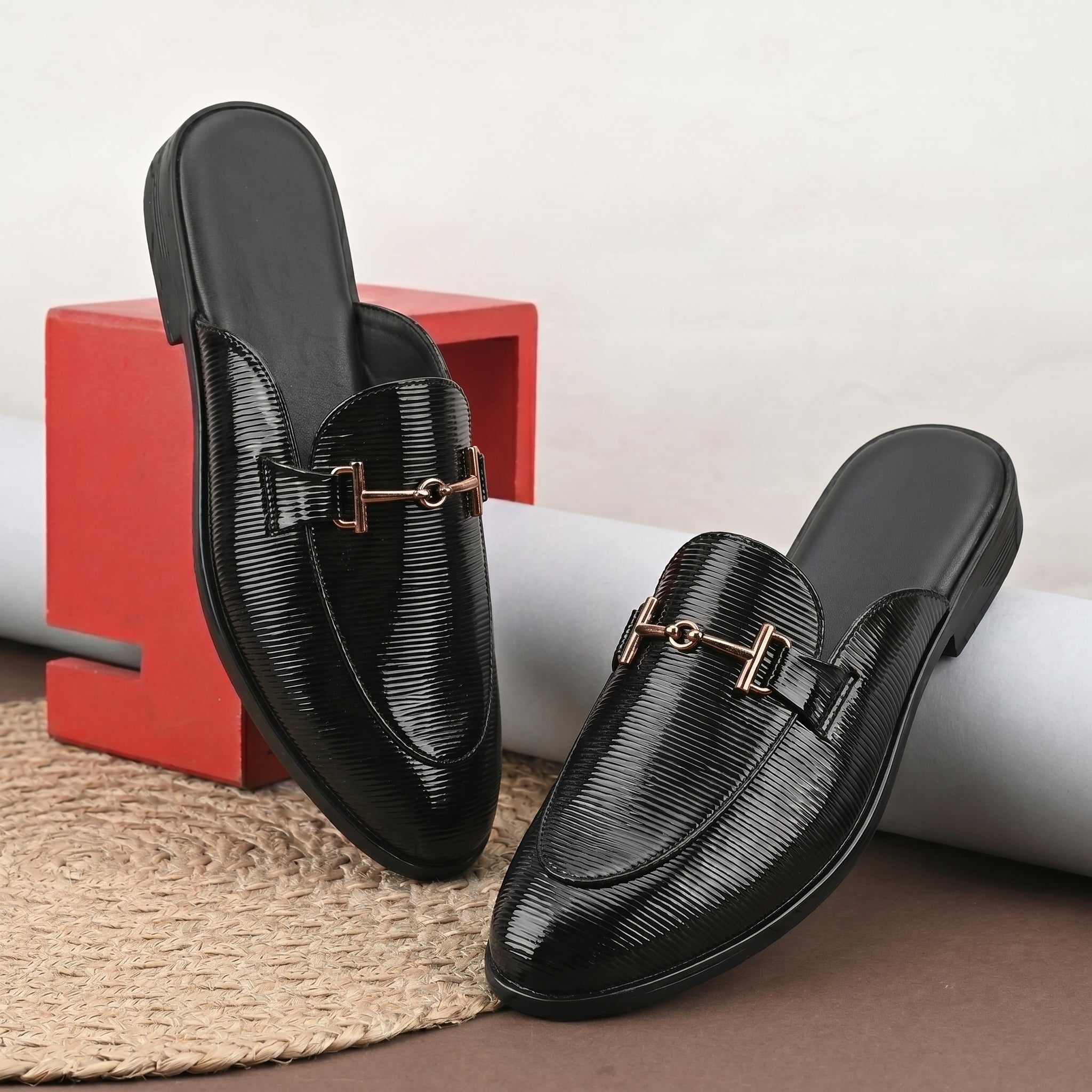 BAXXICO Mens Premium Textured Back Open Mule Loafers