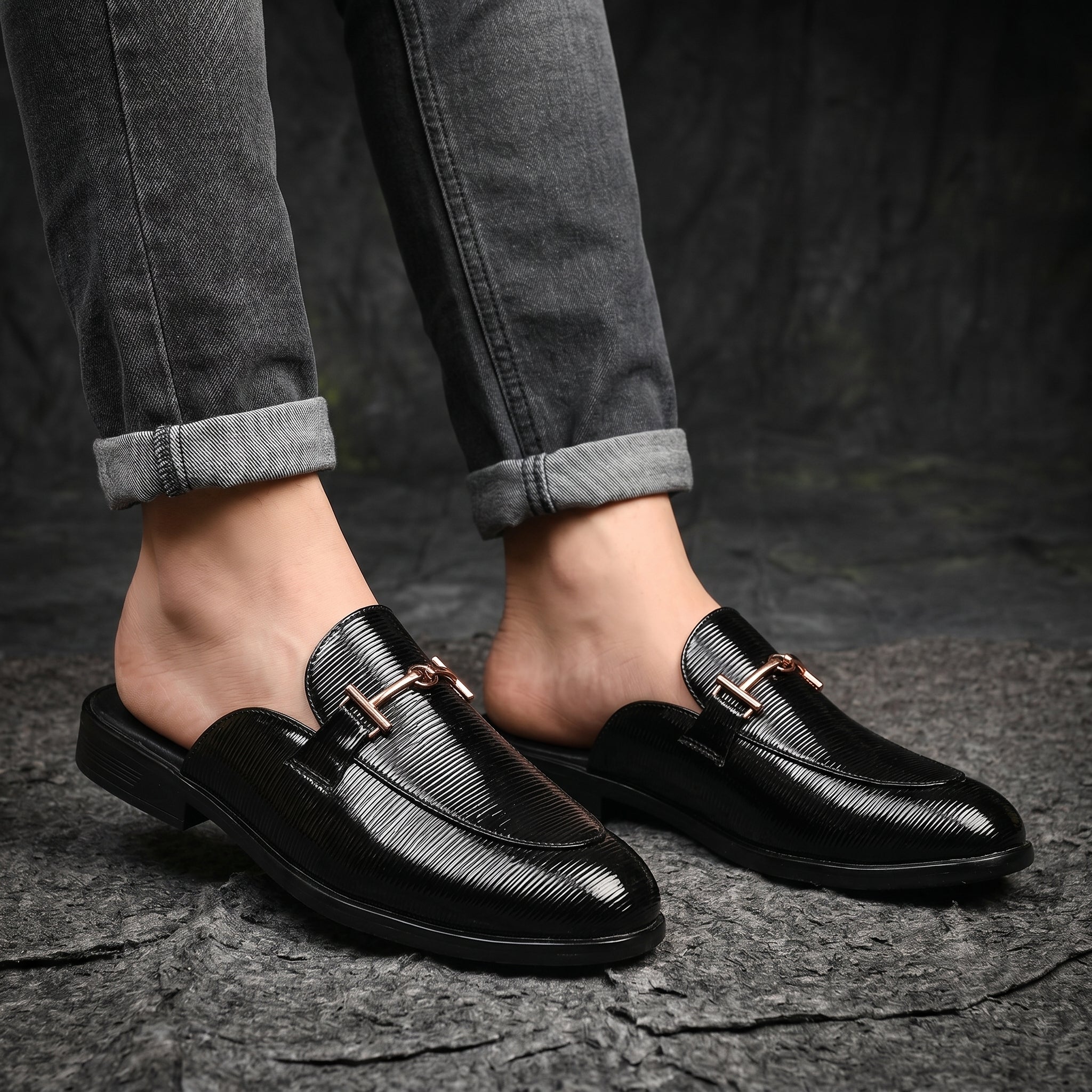 BAXXICO Mens Premium Textured Back Open Mule Loafers