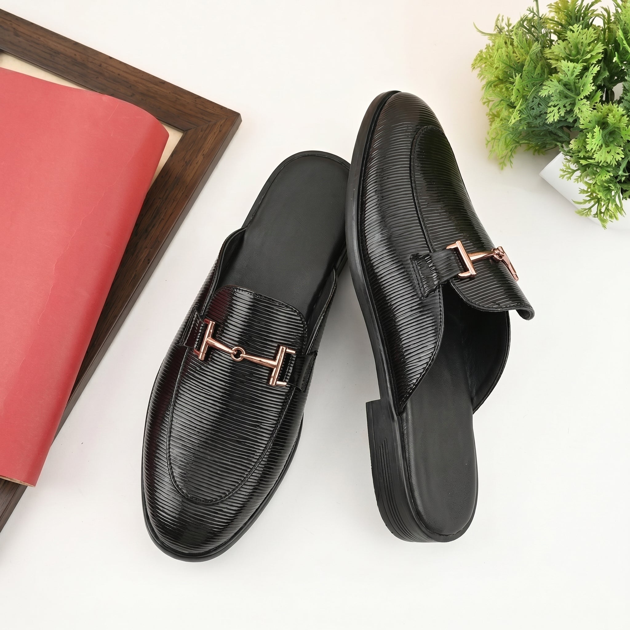 BAXXICO Mens Premium Textured Back Open Mule Loafers