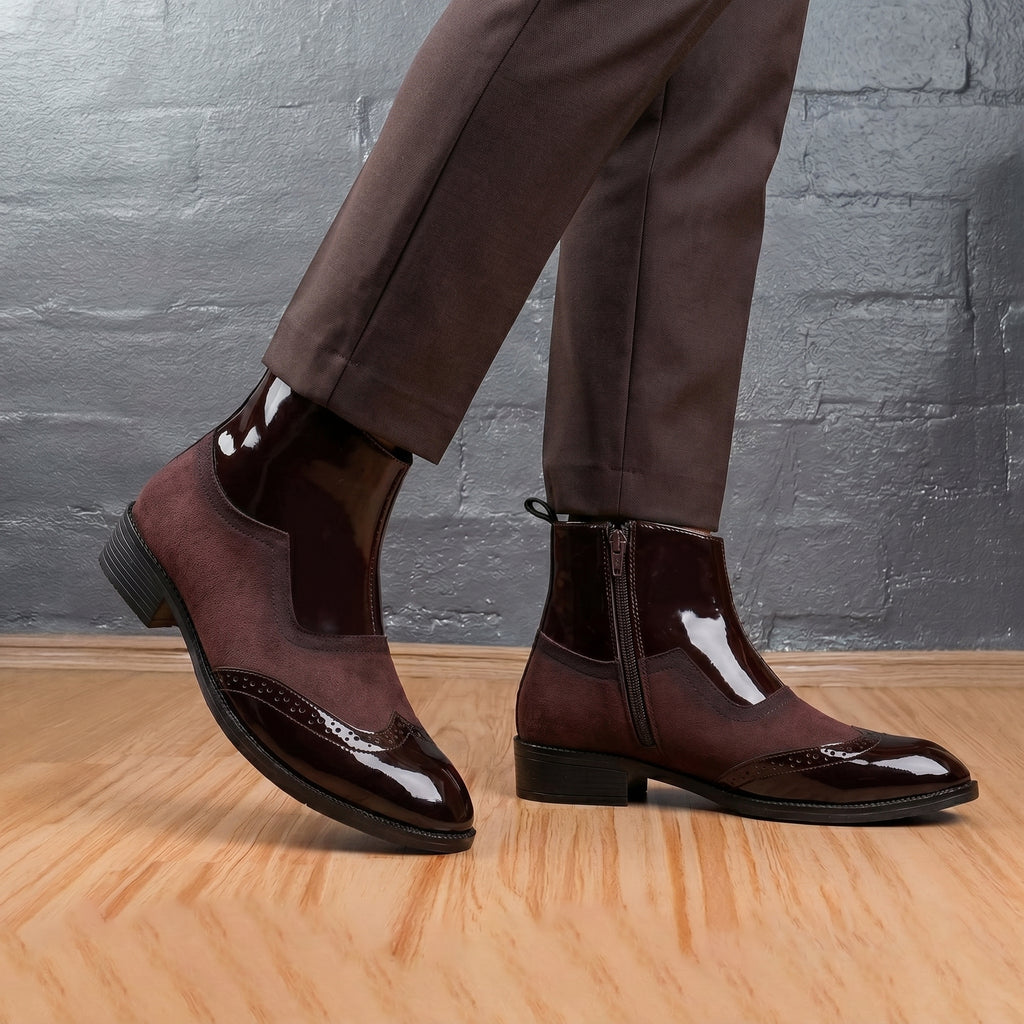 BAXXICO Mens Premium Suede and Patent Chelsea Boots