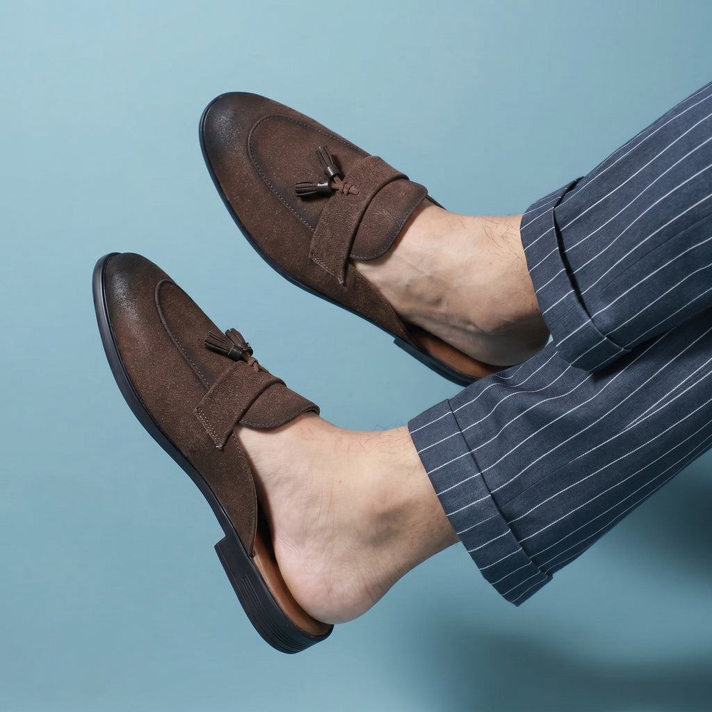 BAXXICO Mens Designer Suede Tassel Mule Loafers Classic Elegance