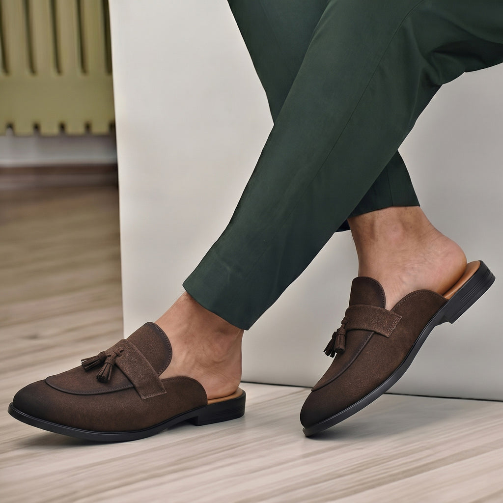 BAXXICO Mens Designer Suede Tassel Mule Loafers Classic Elegance