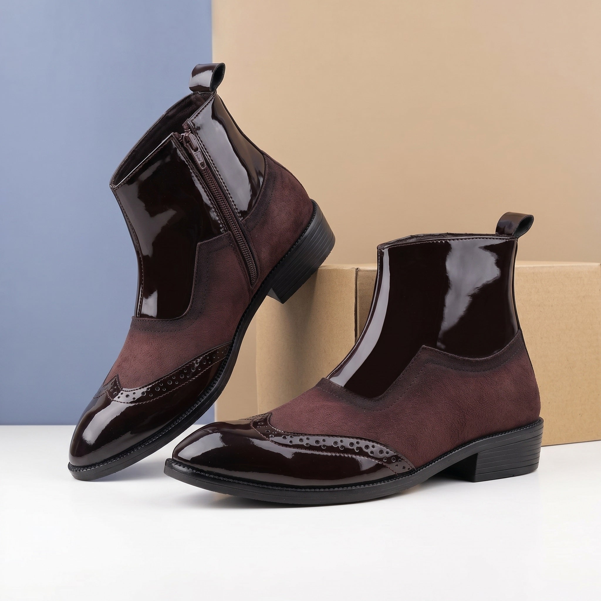 BAXXICO Mens Premium Suede and Patent Chelsea Boots