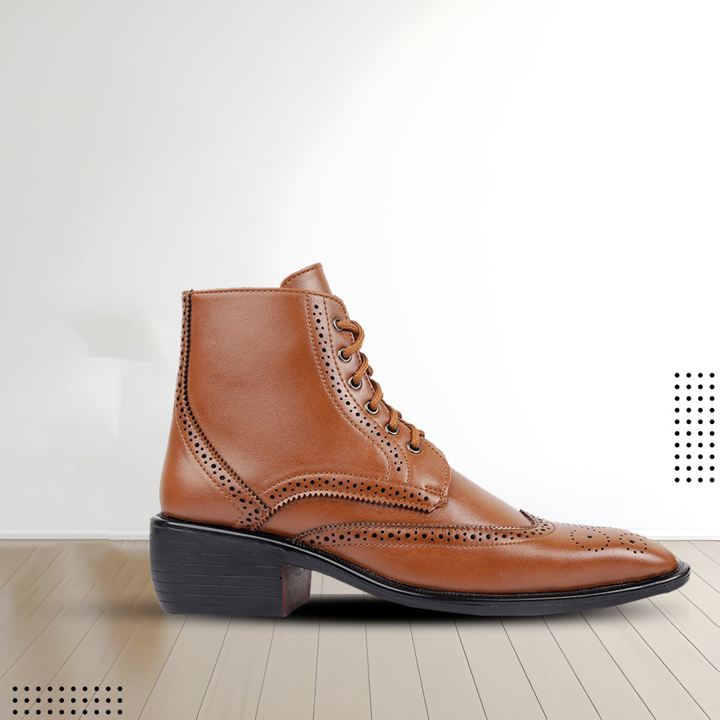 Baxxico Mens Height Increasing Semi-Formal Cow Boy Ankle Zipper Lace Up Brogue Boots