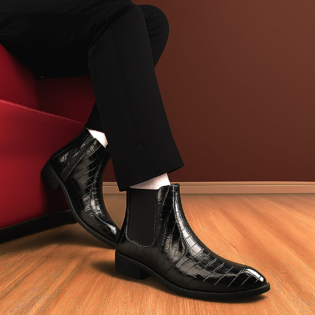 BAXXICO Mens Designer Croc Pattern Chelsea Boots Premium Vegan Leather & Classic Style