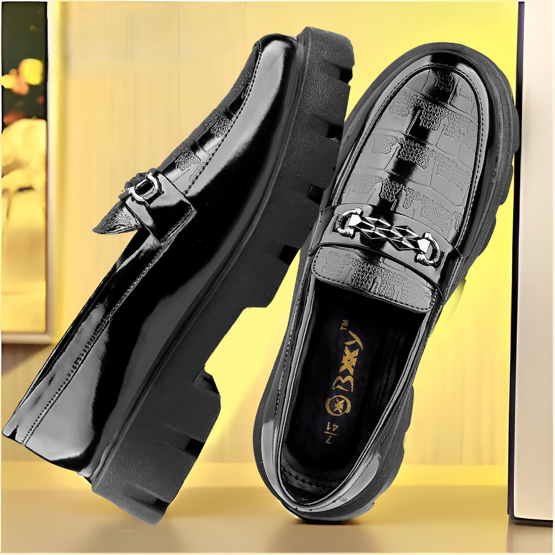 Baxxico Premium Patent Vegan Buckle Slip ons for Men