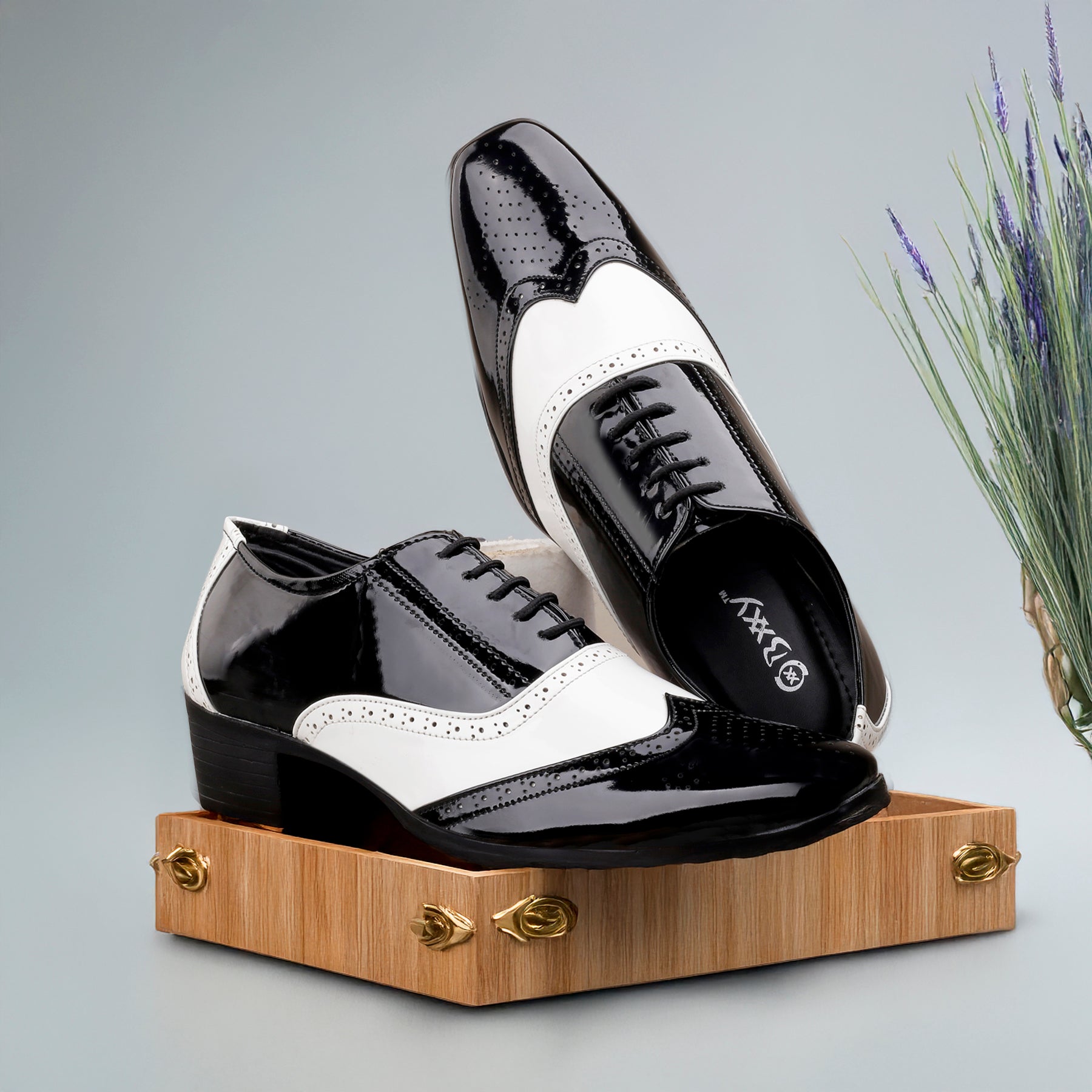 Mens Height Increasing Black and White Faux Vegan Leather Mafia Oxford Brogue Lace Up Shoes