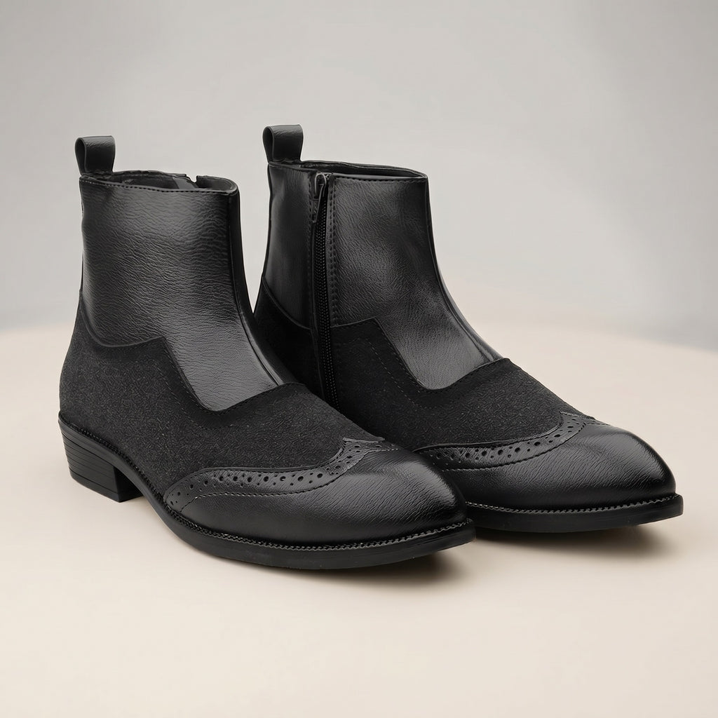 BAXXICO Luxury Elevated Heel Boots with Classic Brogue Texture Finish