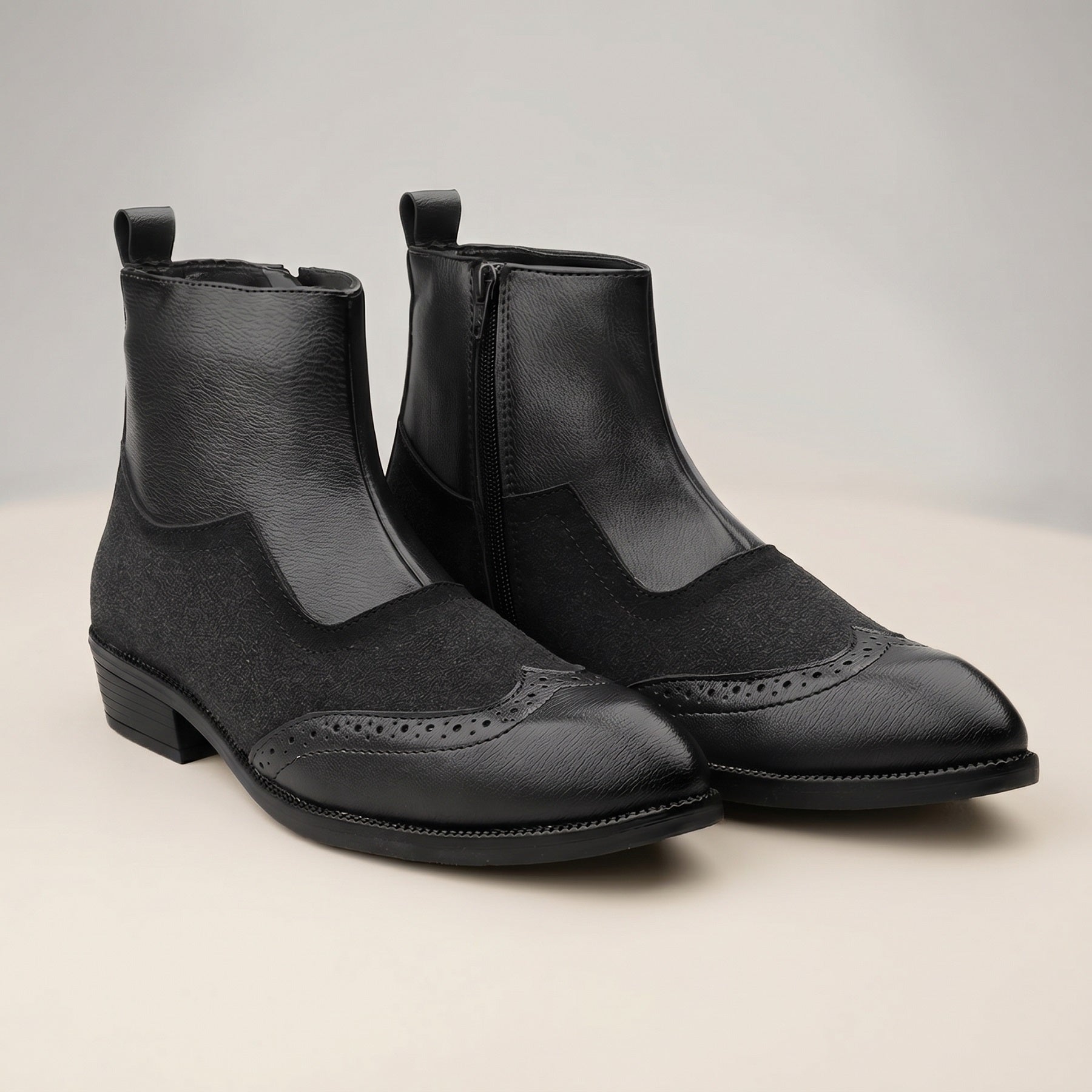 BAXXICO Luxury Elevated Heel Boots with Classic Brogue Texture Finish