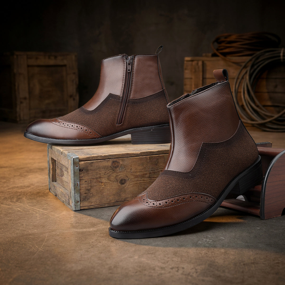 BAXXICO Luxury Elevated Heel Boots with Classic Brogue Texture Finish