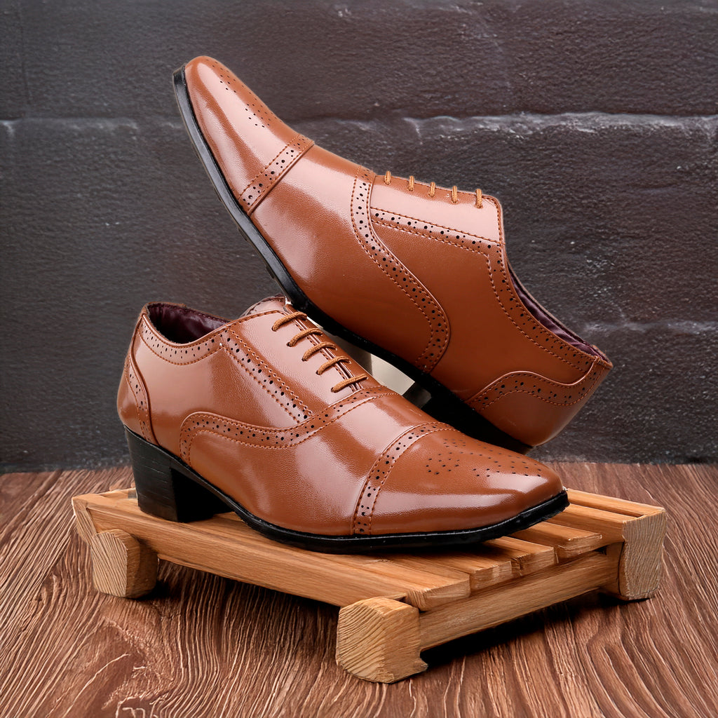 BAXXICO Mens Height Increasing Faux Vegan Leather Oxford Semi Brogue Formal Lace Up Shoes