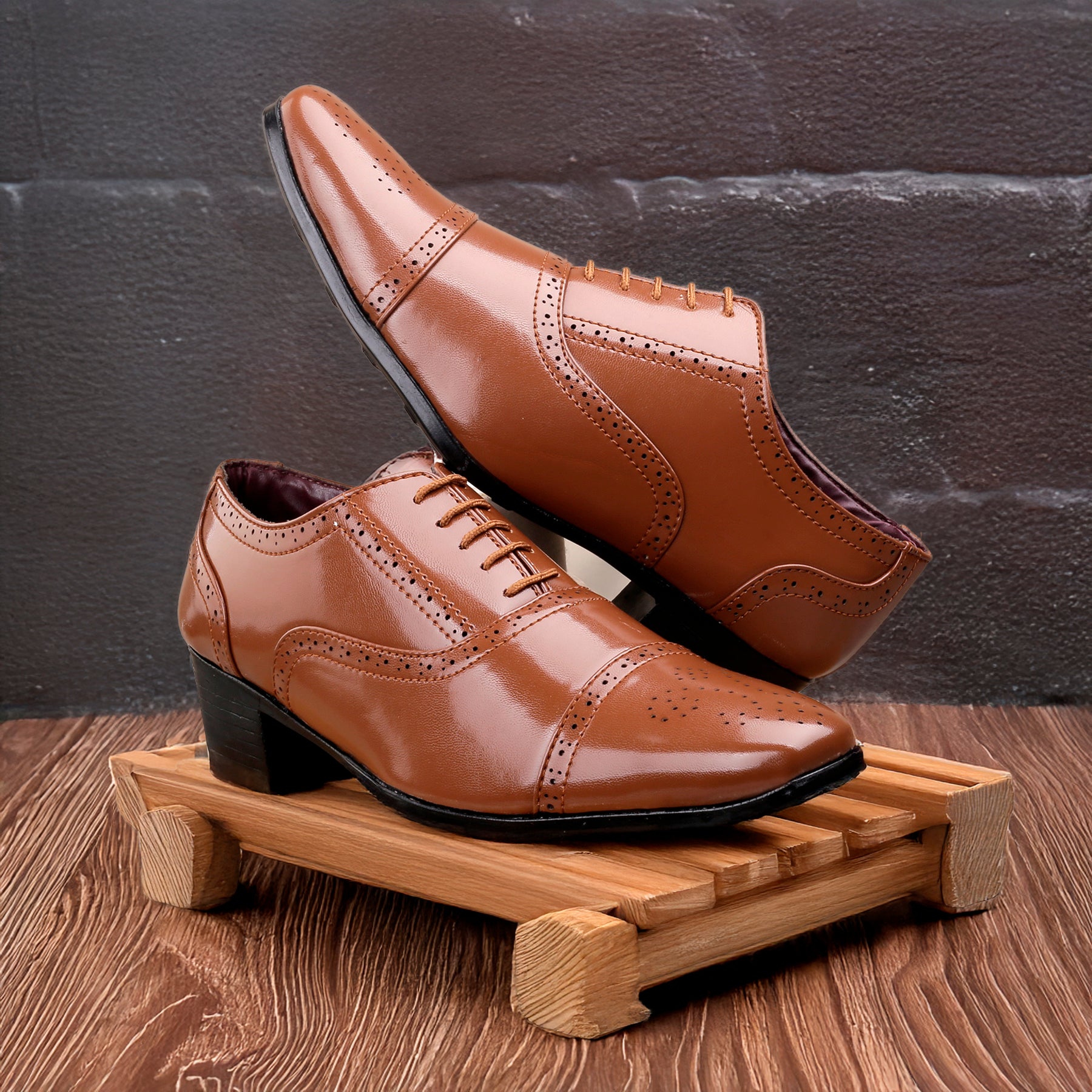 BAXXICO Mens Height Increasing Faux Vegan Leather Oxford Semi Brogue Formal Lace Up Shoes