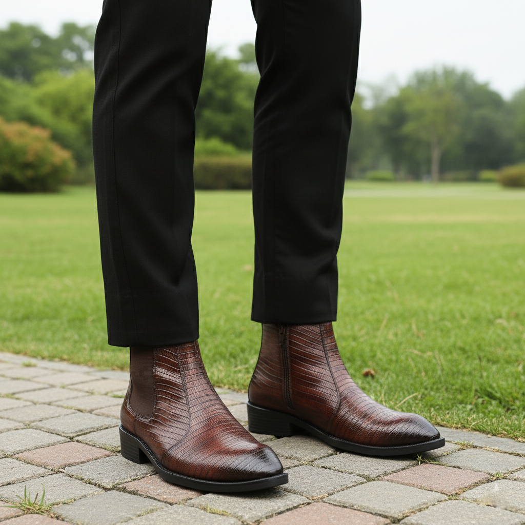 BAXXICO Mens Signature Black Patterned Vegan Leather Boot Dress to Impress